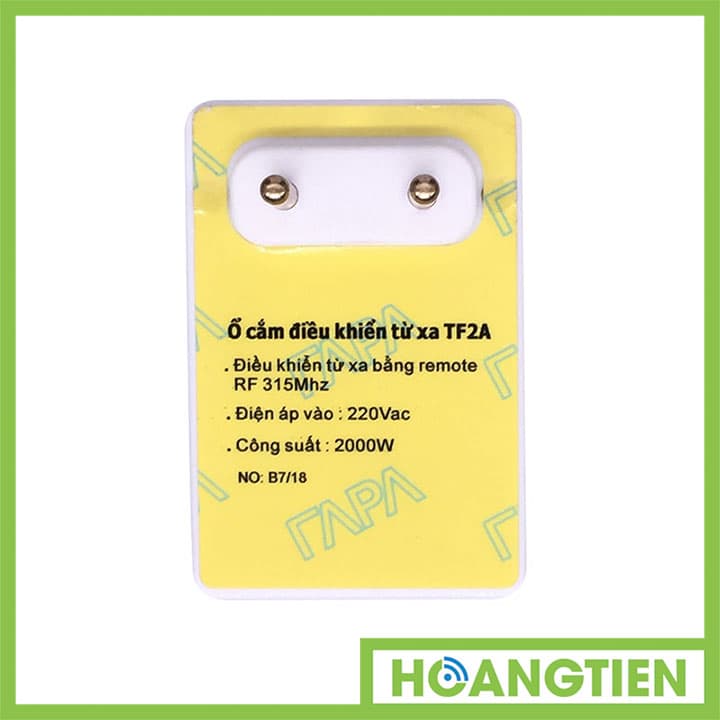 Ổ cắm điều khiển từ xa TPE TF2A hỗ trợ học lệnh remote RF xuyên tường 315Mhz, tiện dụng điều khiển thiết bị ở khoảng cách xa: – Học lệnh remote RF 315Mhz – Công suất : 2000w – Điều khiển từ xa on/off cho 1 thiết bị – Có chức năng hẹn giờ tắt từ 1 giây đến 24 giờ với một nút nhấn riêng ,thuận tiện cho cài đặt và xóa thời gian được dễ dàng